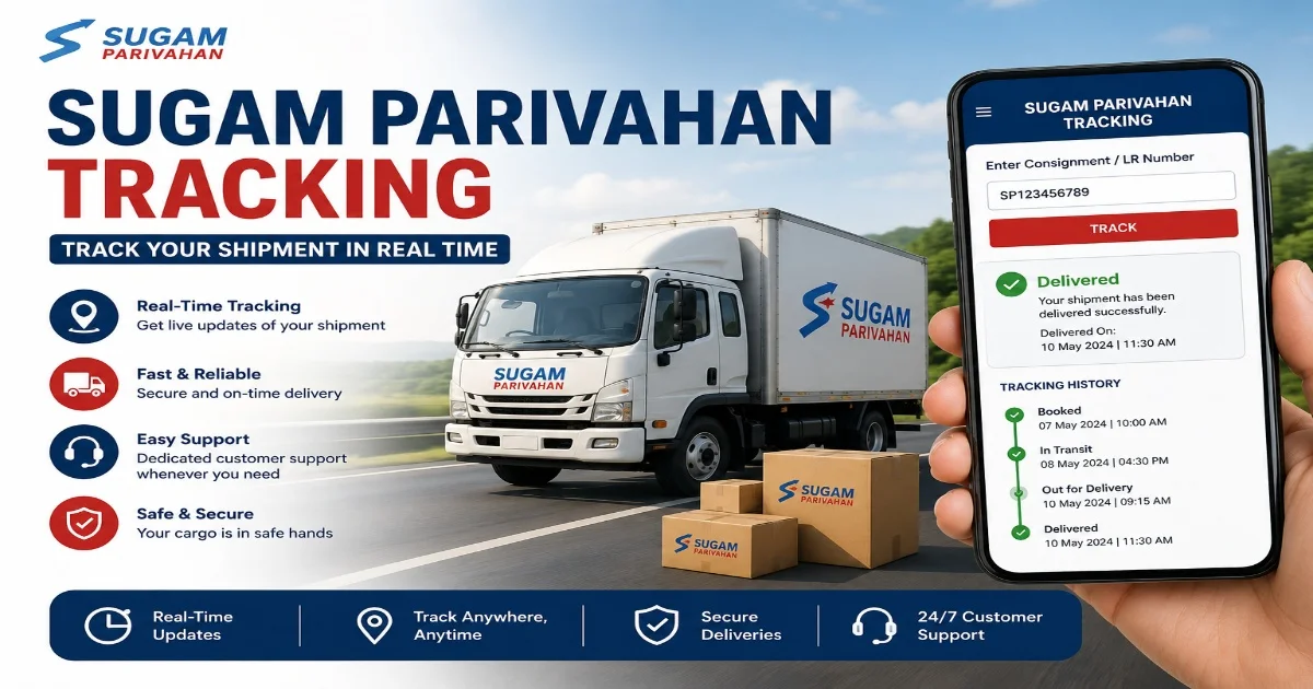 Sugam Parivahan Tracking dashboard showing real-time shipment status, consignment tracking, delivery updates, cargo transport truck, and online parcel tracking system